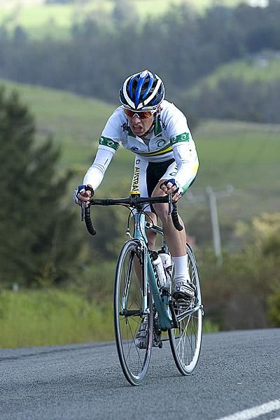 Sam Spokes (National Junior Road Team) feels the strain of the climb out of Lebrina.