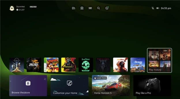 Image of Xbox's "Play History" feature.