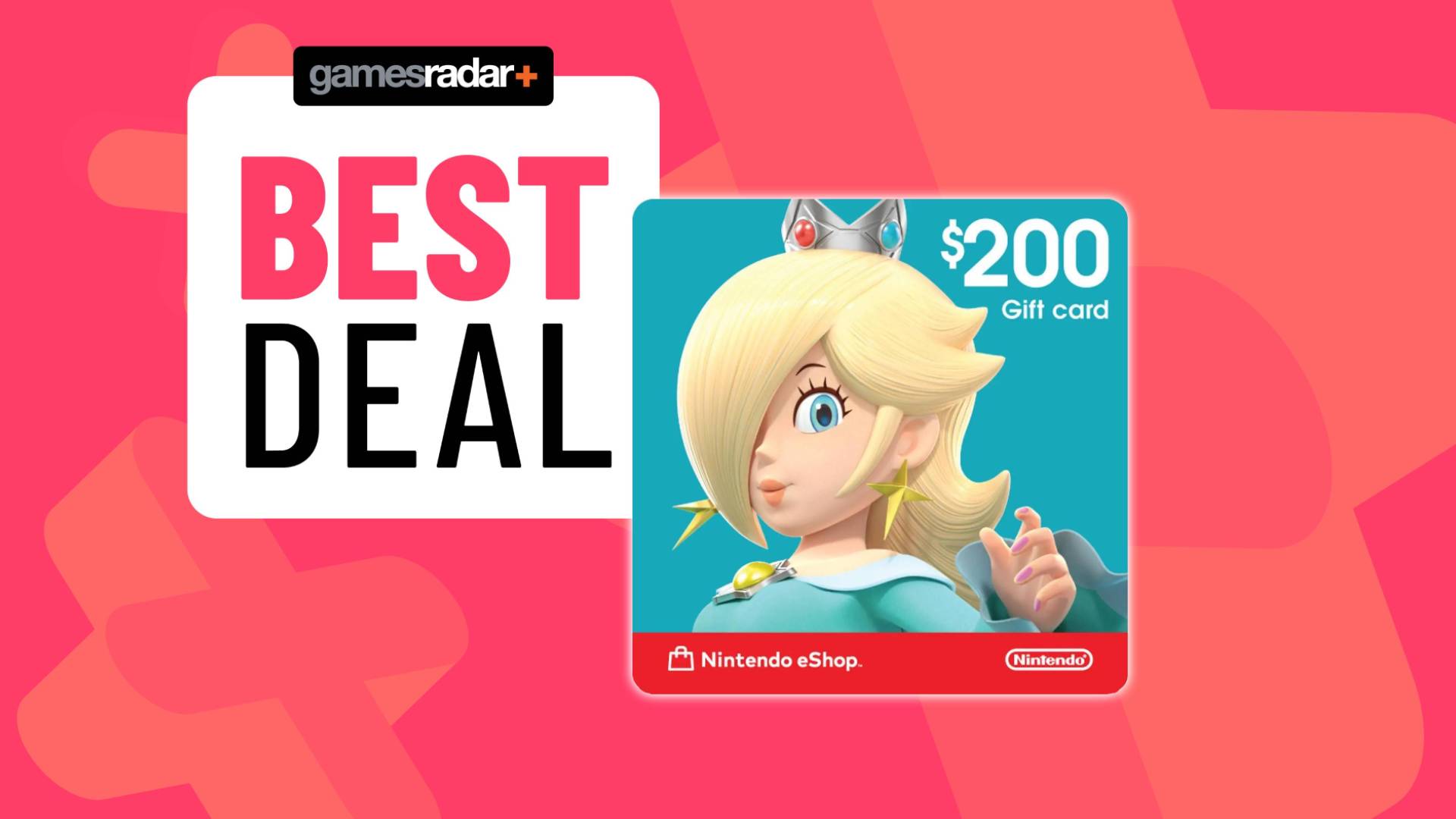 Image of a $200 Nintendo eShop gift card on a pink GamesRadar+ background.