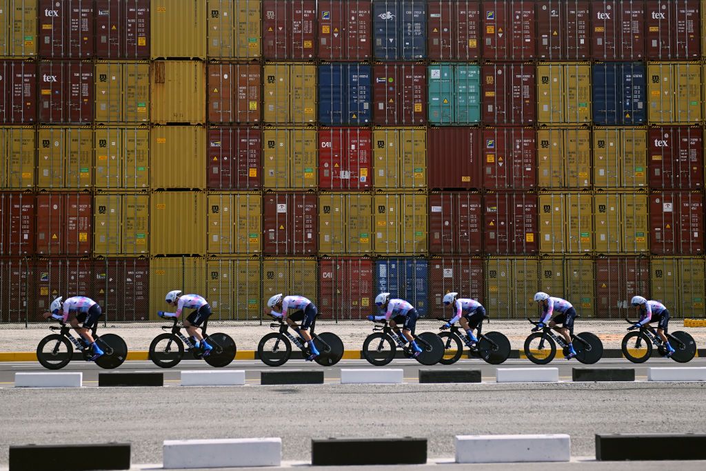 KHALIFA PORT UNITED ARAB EMIRATES FEBRUARY 21 A general view of Jakob Fuglsang of Denmark Itamar Einhorn of Israel Derek Gee of Canada Ben Hermans of Belgium Taj Jones of Australia Matthew Riccitello of The United States Mads Wrtz Schmidt of Denmark and Team Israel Premier Tech competing during the 5th UAE Tour 2023 Stage 2 a 173km team time trial in Khalifa Port UAETour on February 21 2023 in Khalifa Port United Arab Emirates Photo by Dario BelingheriGetty Images