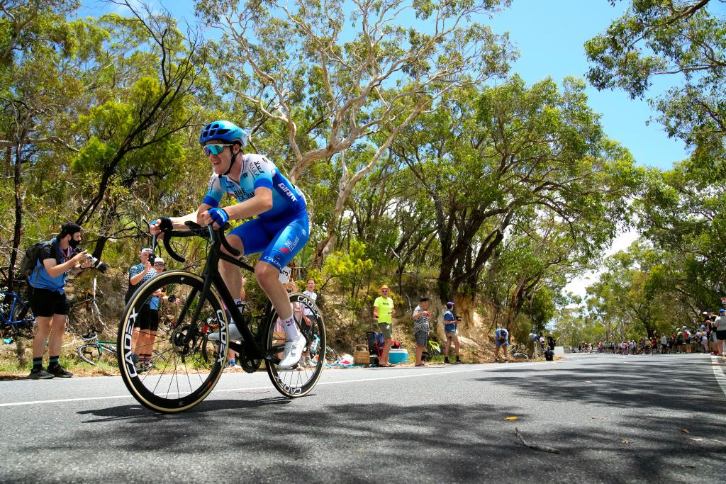 WILLUNGA HILL AUSTRALIA JANUARY 29 Callum Scotson of Australia and Team BikeexchangeJayco competes in the breakaway passing through Willunga Hill 224m during the 2nd Santos Festival Of Cycling 2022 Mens Elite Stage 3 a 1132km stage from McLaren Vale to Willunga Hill 224m TourDownUnder on January 29 2022 in Willunga Hill Australia Photo by Daniel KaliszGetty Images