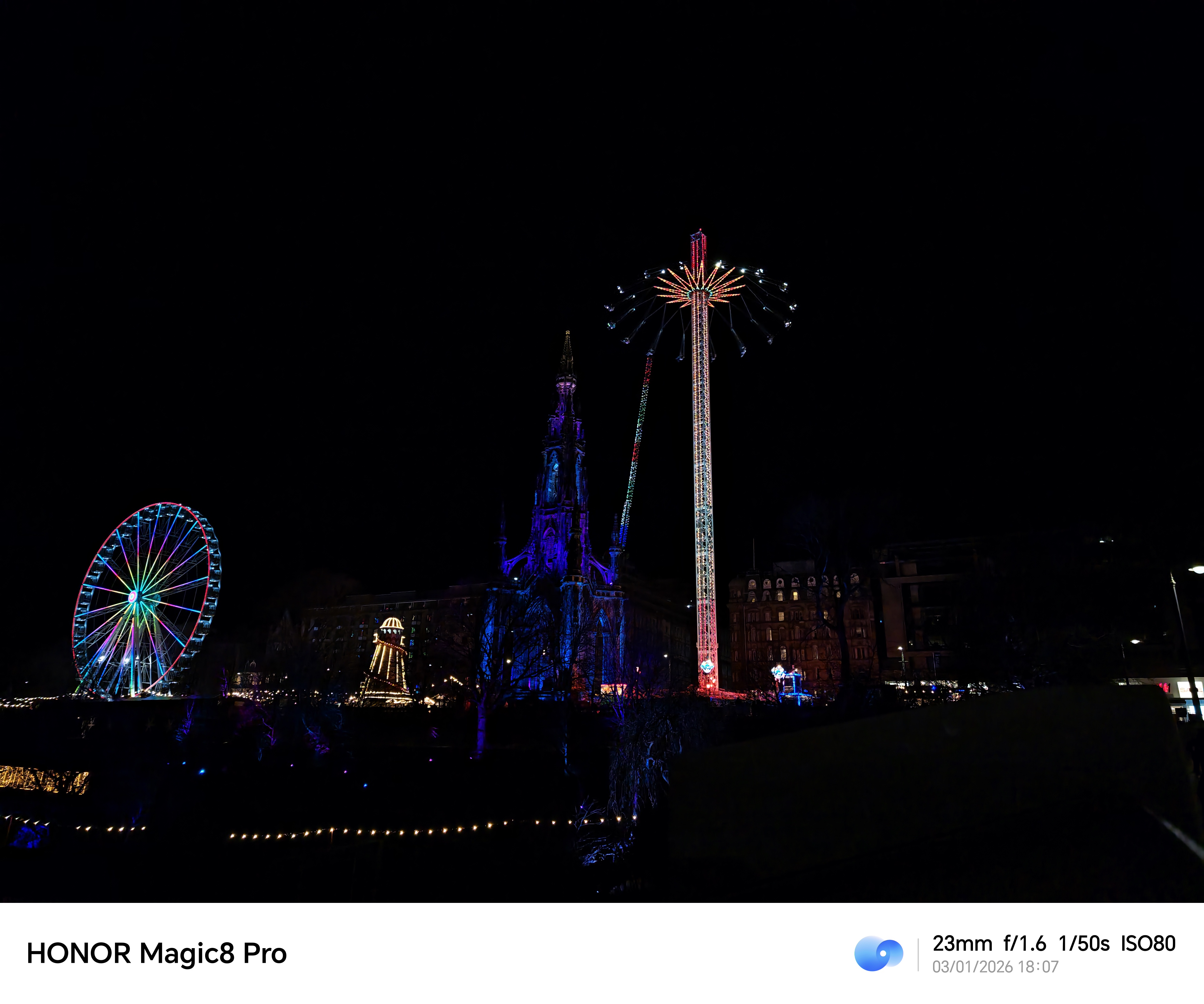 Honor Magic 8 Pro camera sample Edinburgh funfair rides night