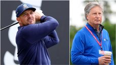 Bryson DeChambeau hitting a tee shot and Golf Channel analyst Brandel Chamblee watching on