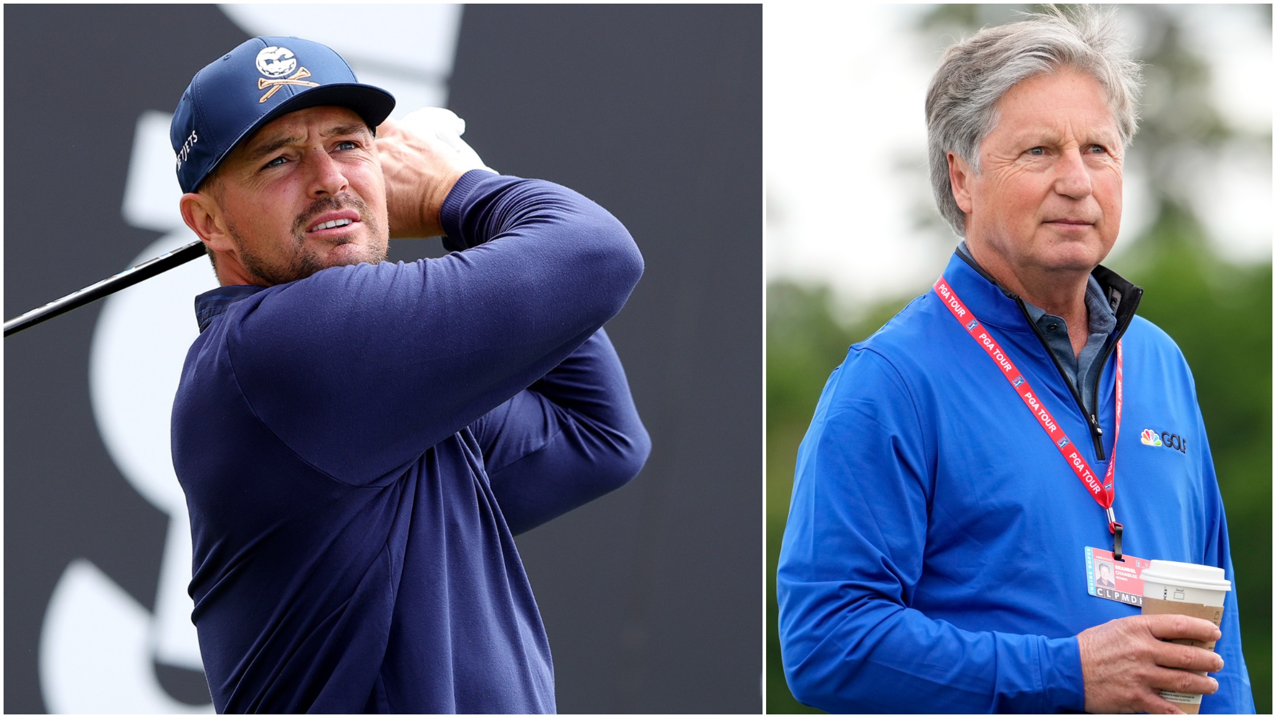 Bryson DeChambeau hitting a tee shot and Golf Channel analyst Brandel Chamblee watching on