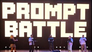 AI prompt battle; five people stand on a stage with devices under a large screen reading "PROMPT BATTLE" in block letters.
