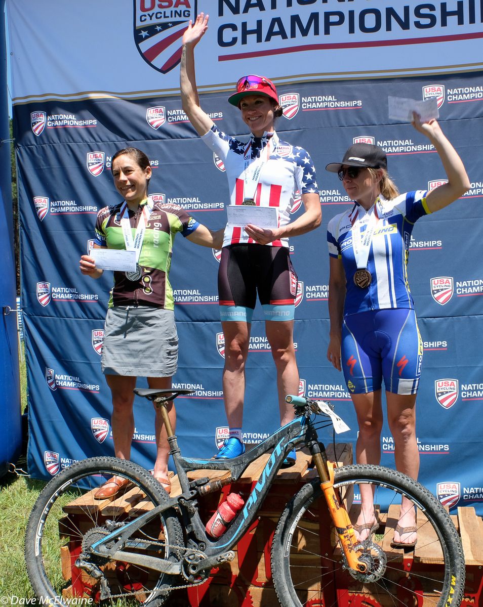 Women&rsquo;s Podium (L to R) Crystal Anthony (Riverside) 2nd, Rose Grant (Stans NoTubes-Pivot) 1st, Amy Beisel (Ridebiker) 3rd