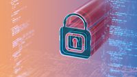 Abstract cyber padlock on pink background with blue code terminal