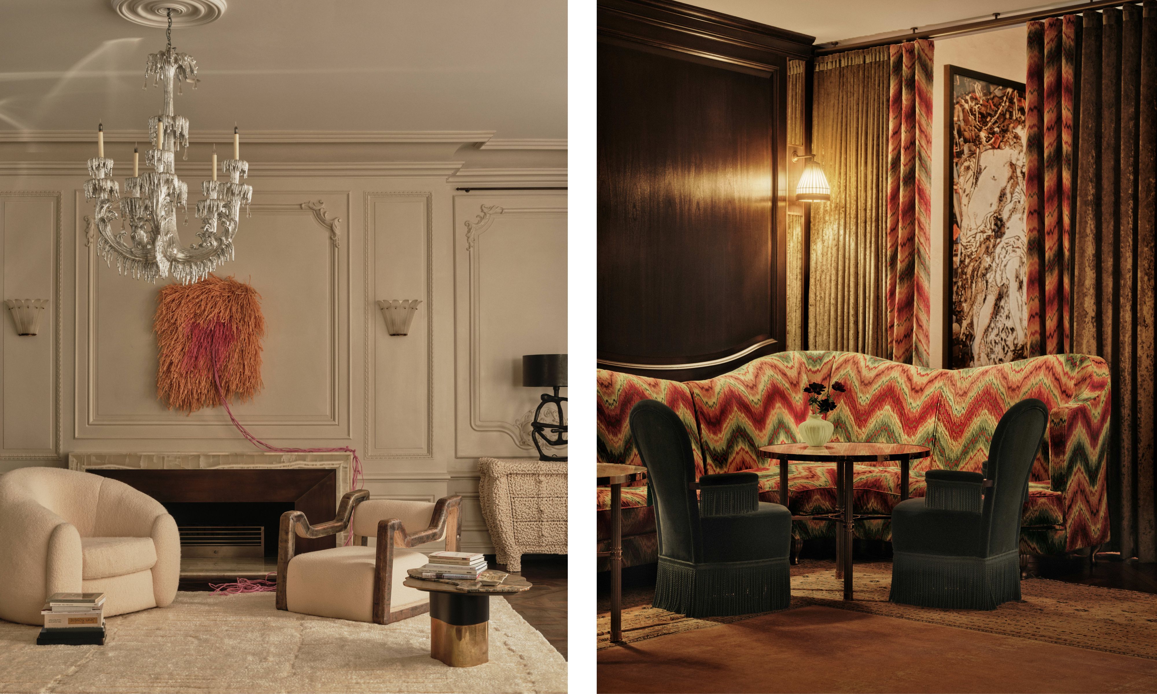 Left image: cream paneled room with a piece of art above the stone fire place and two boucl&amp;eacute; armchairs either side and a chandelier hanging above Right image: cozy dark nook with a stiped couch and two tall velvet chairs around a small brown armchair