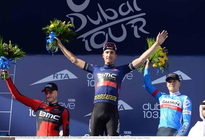 Taylor Phinney, Steven Cummings and Lasse Hansen on the Dubai Tour podium