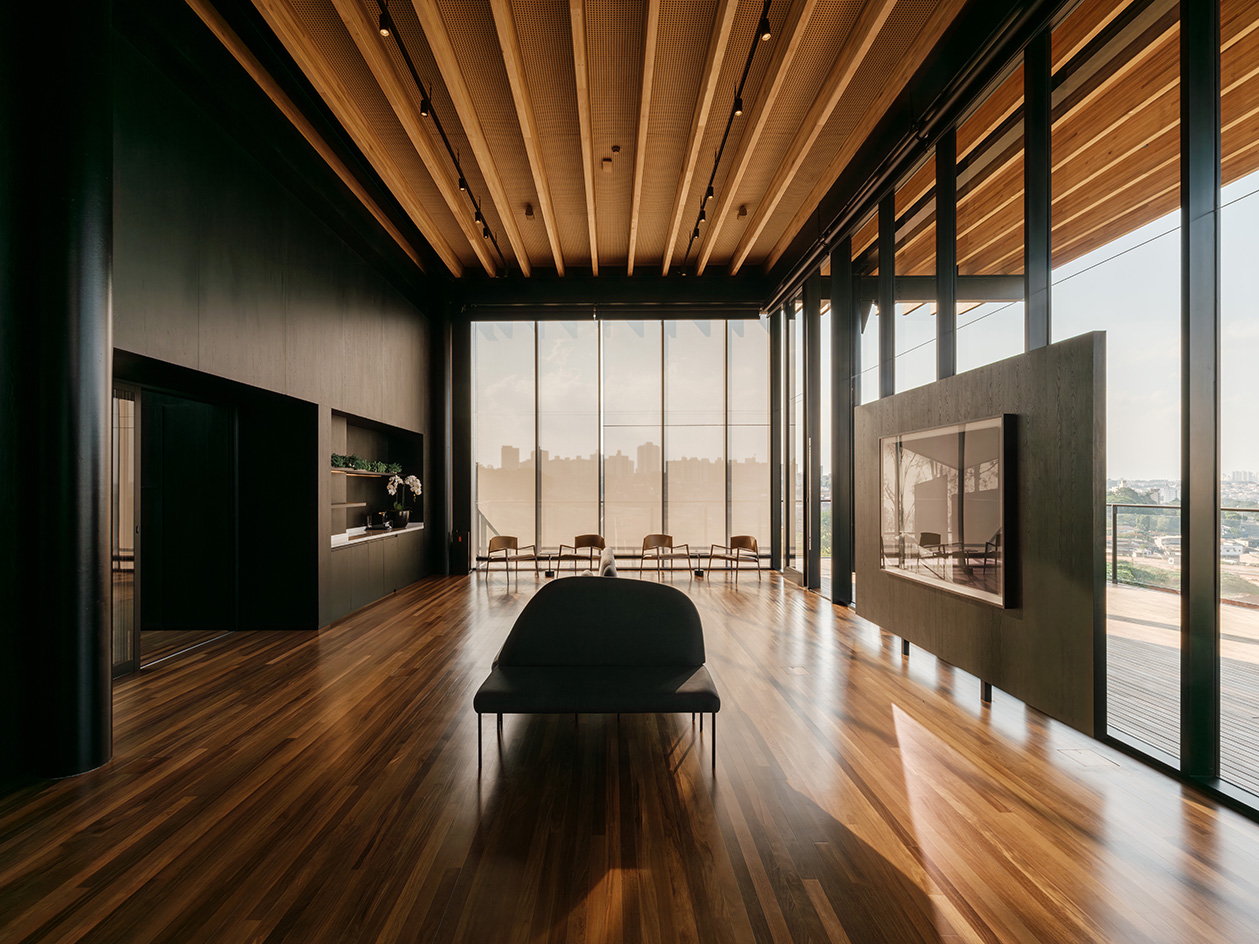 Casa Figueira, Sao Paulo, a light structure, floating above green tree canopies, a pavilion-like showroom