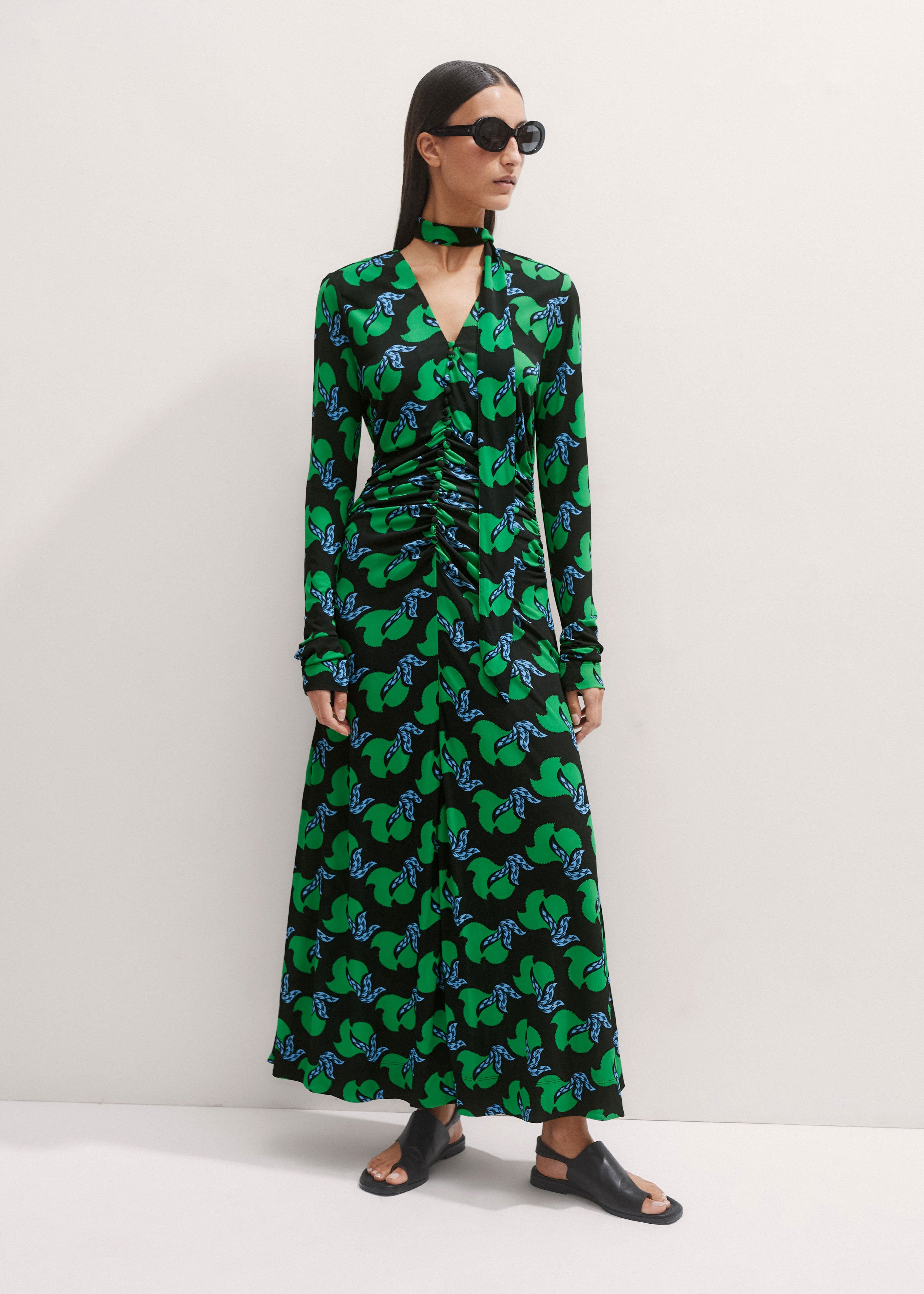 Crepe Birds of Paradise Maxi Dress + Belt