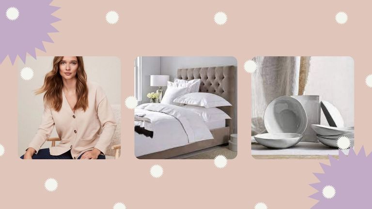 a collage image displaying items in The White Company Black Friday sale—including a cardigan, bowls, and bedding