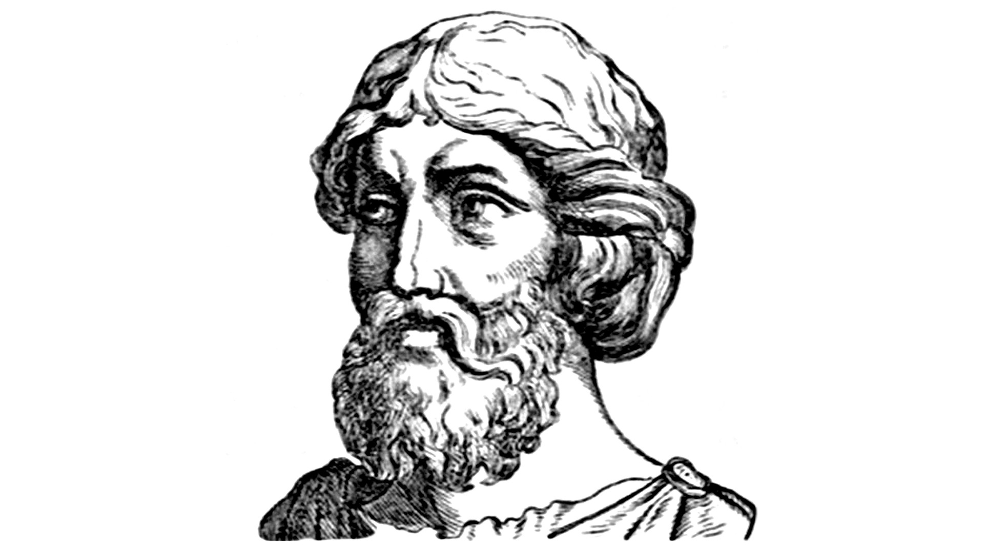 Black and white portrait drawing of Aristarchus of Samos, an ancient Greek mathematician and astronomer. He has a full beard and moutache, thick cropped hair and is wearing a toga.