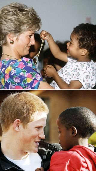 Princess Diana holding a child, and a picture of Prince Harry doing the same years later