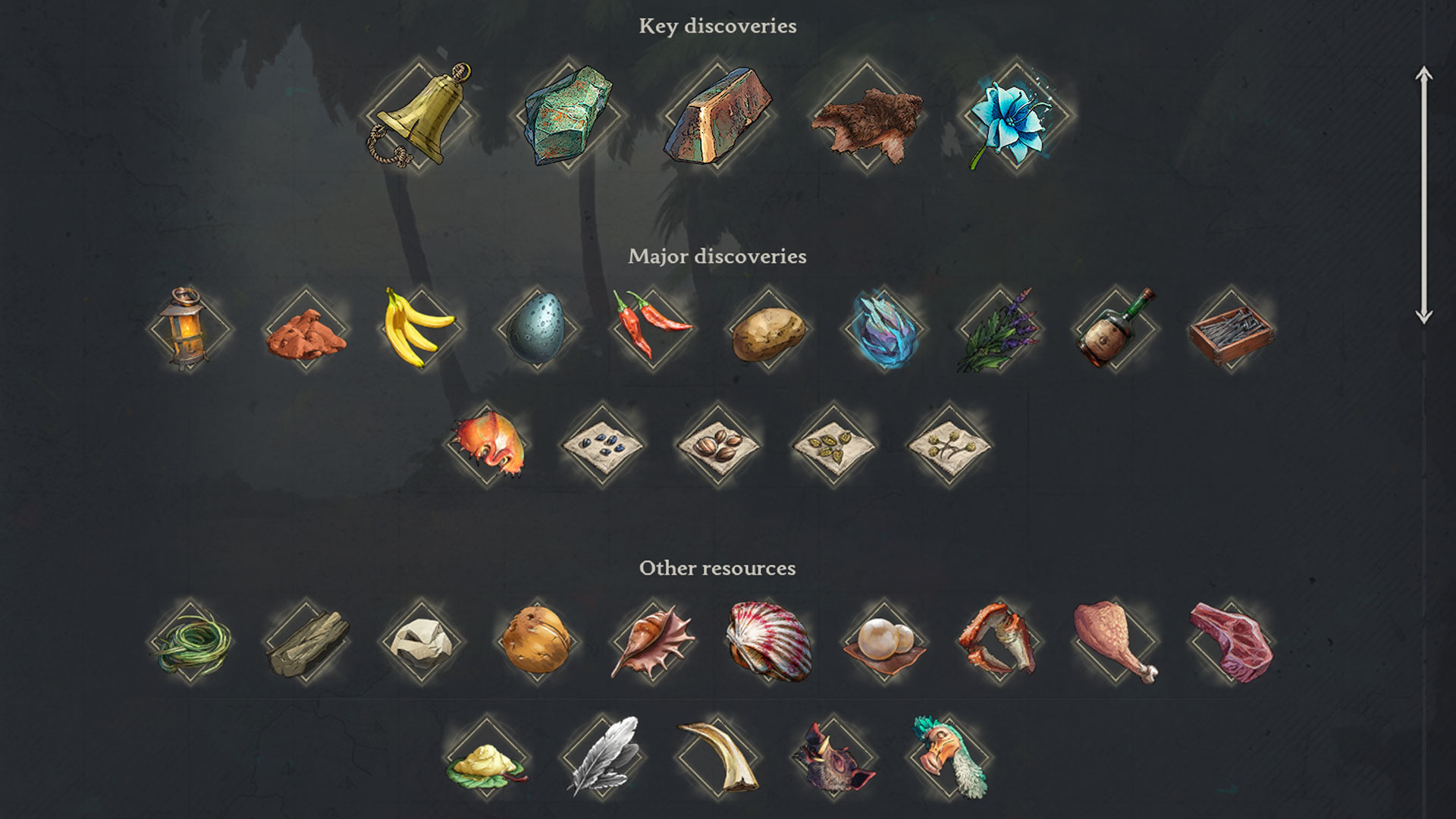 Windrose - The Discovery menu displaying every item you can find in the Coastal Jungle