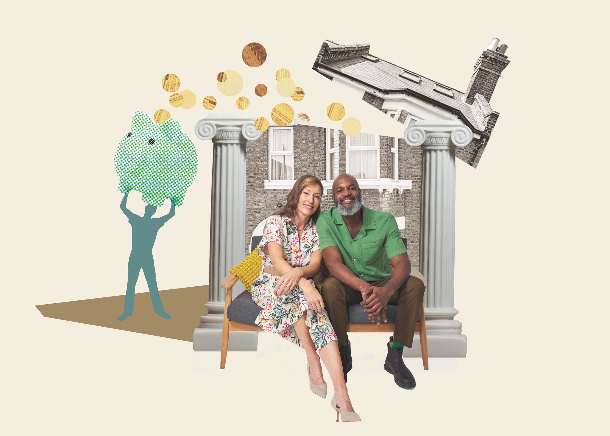 Couple sitting in front of a house with coins coming from the roof
