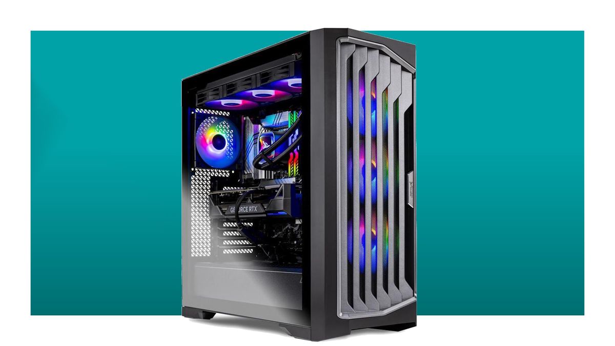 Skytech Legacy gaming PC on blue-green background