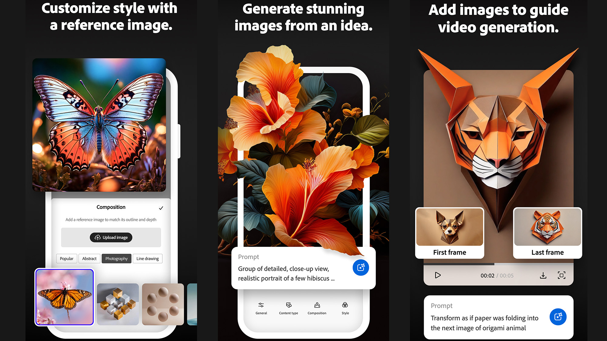 Three images displaying features from the Adobe Firefly app, including a butterfly, flower, and origami-style tiger.