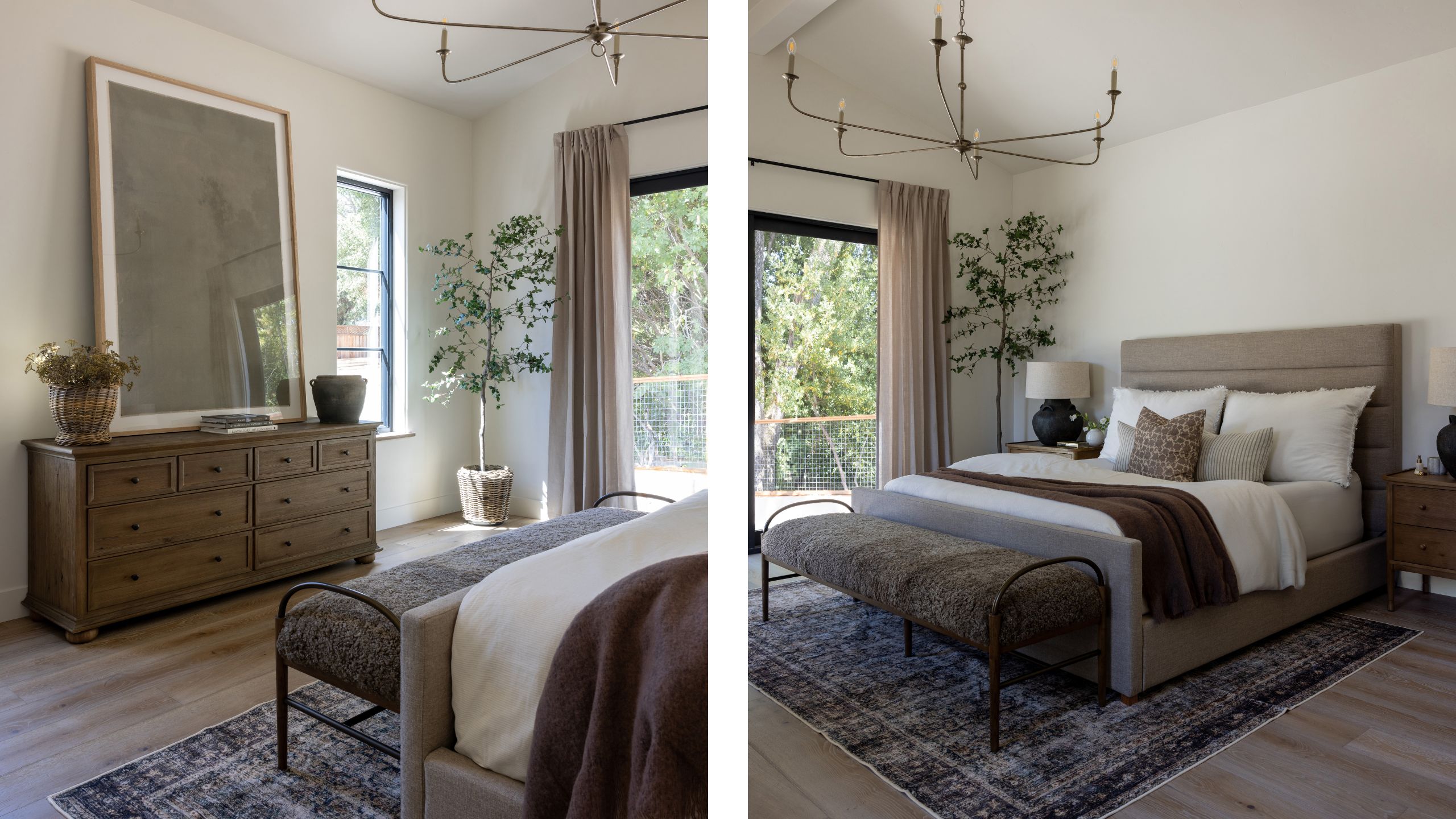 two side by side images of a layered bedroom in california with oak floor, vintage rug, upholstered bed and large chandelier