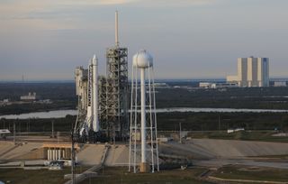 An aerial view of SpaceX's Falcon 9 rocket atop NASA's Launch Pad 39A ahead of the February 2017 launch of the SpaceX-10 mission.