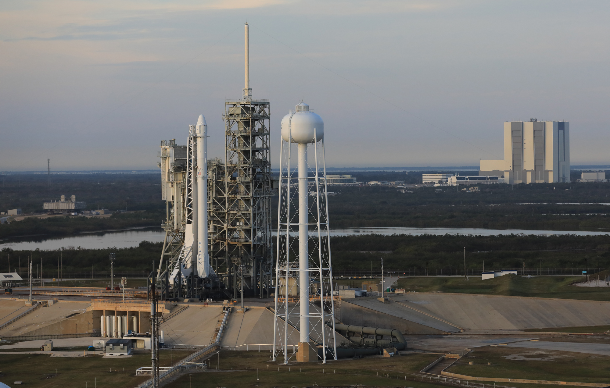 An aerial view of SpaceX&#039;s Falcon 9 rocket atop NASA&#039;s Launch Pad 39A ahead of the February 2017 launch of the SpaceX-10 mission.