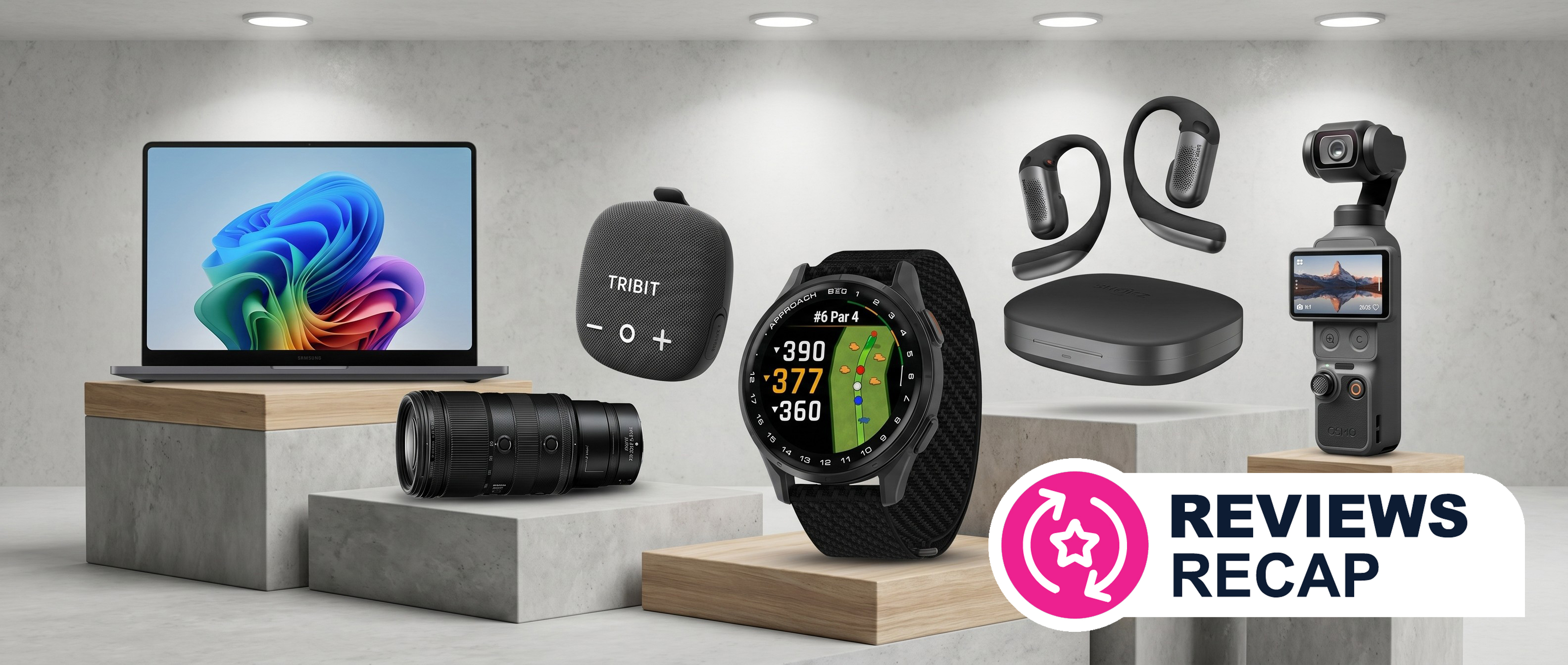 Selection of gadgets displayed on podiums, with a Reviews Recap logo in the corner