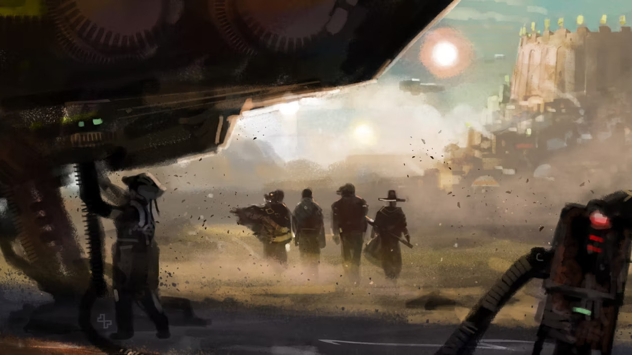 Rebel Moon concept art, which shows four soldiers walking towards a spaceship