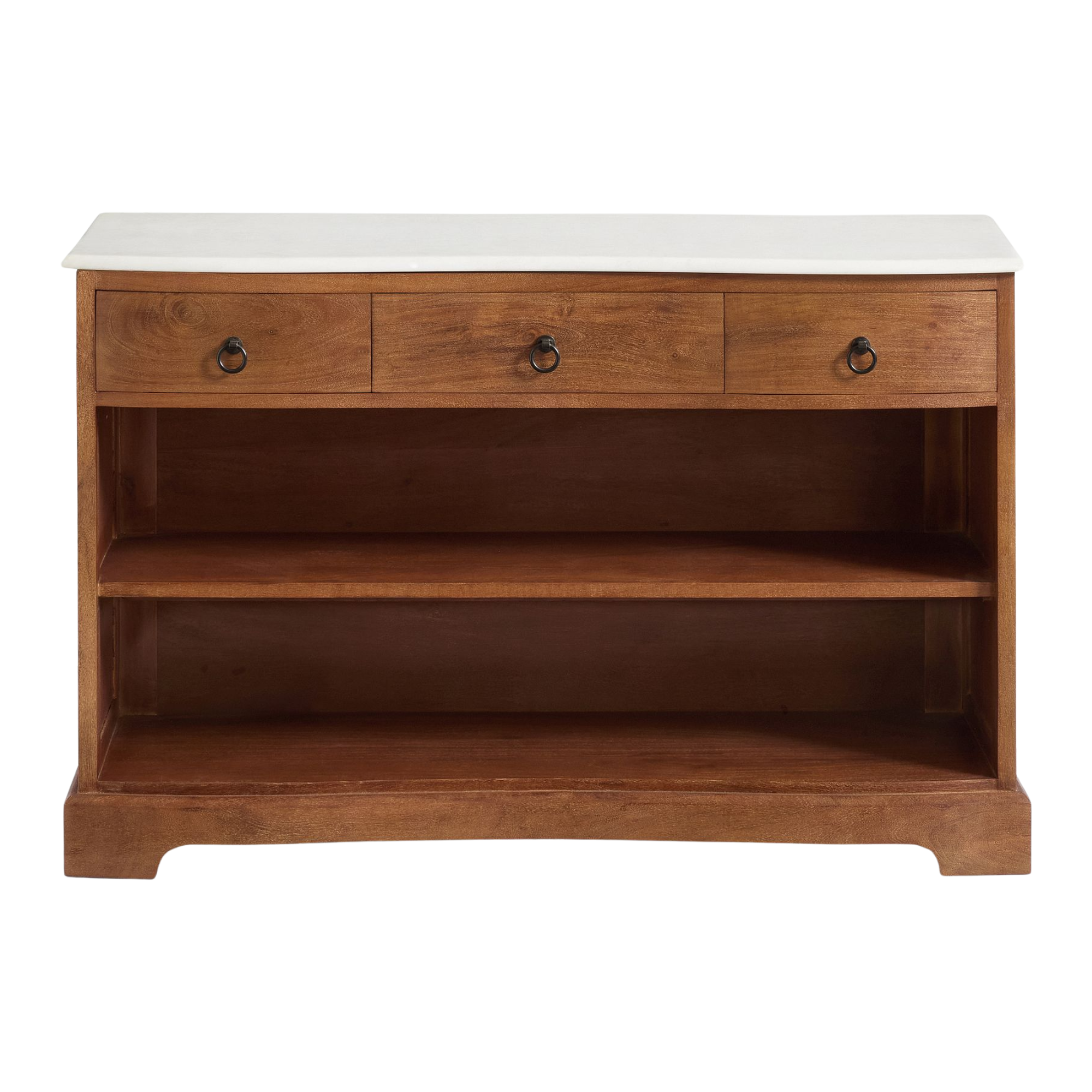 a wooden credenza with open shelving, three drawers, and a marble top