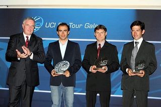 The winners of three of the Continental Tours (L to R): UCI president Pat McQuaid, Murilo Fischer (Europe), Andrey Mizourov (Asia), and Edgardo Simon (America)