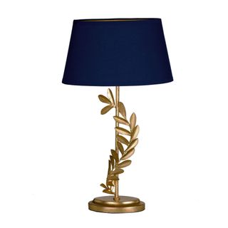 gold lamp with navy lampshade