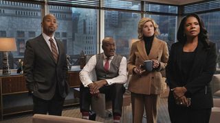 A group of colleagues in The Good Fight look off camera