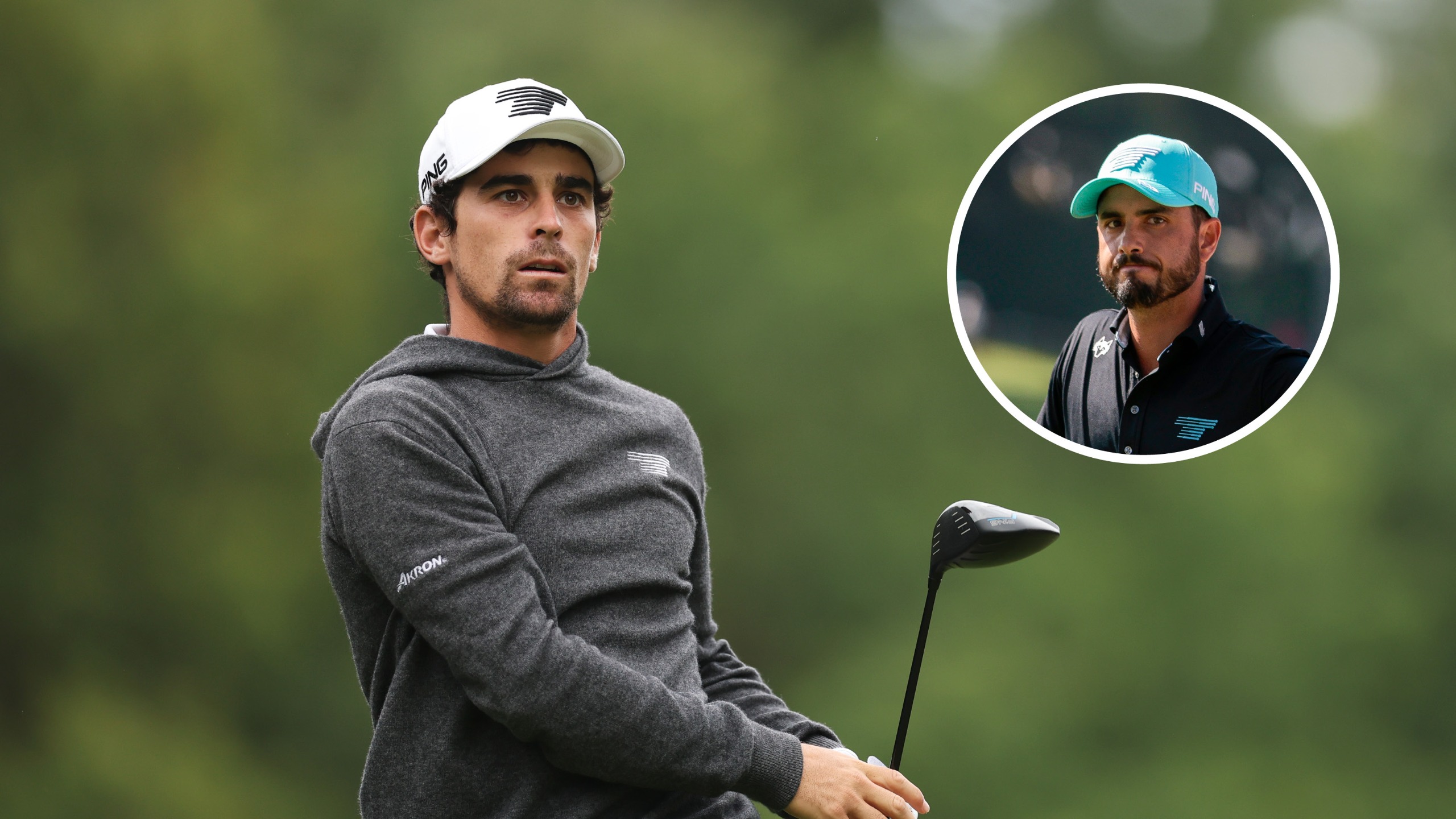 Main image of Joaquin Niemann hitting a driver and inset headshot of Abraham Ancer (top right)