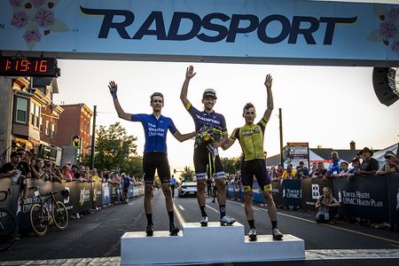 The men's podium of Adam Carr (Team Skyline), Mike Margarite (CRCA / The Weather Channel / Specialized), and Geno Villafano (CCAP)