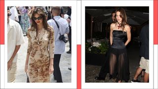 Kendall Jenner pictured wearing a floral, cream cardigan and skirt co ord alongside another picture of her wearing a black corset and sheer shirt in Italy, May 2022