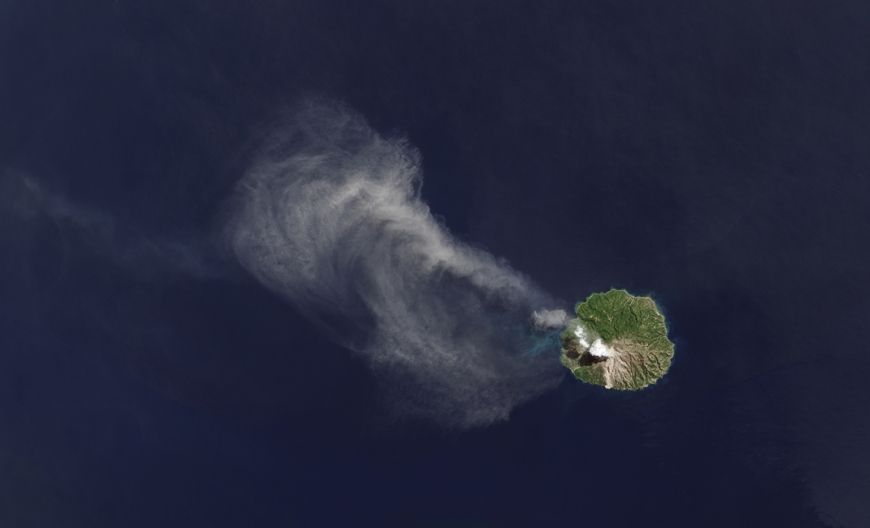 An ash plume drifts from Paluweh volcano in Indonesia in this image, taken April 29, 2013 from the Landsat Data Continuity Misison&#039;s Operational Land Imager instrument.