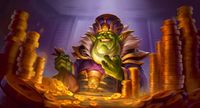 A goblin with a crown smiling with a huge pile of money in Hearthstone.