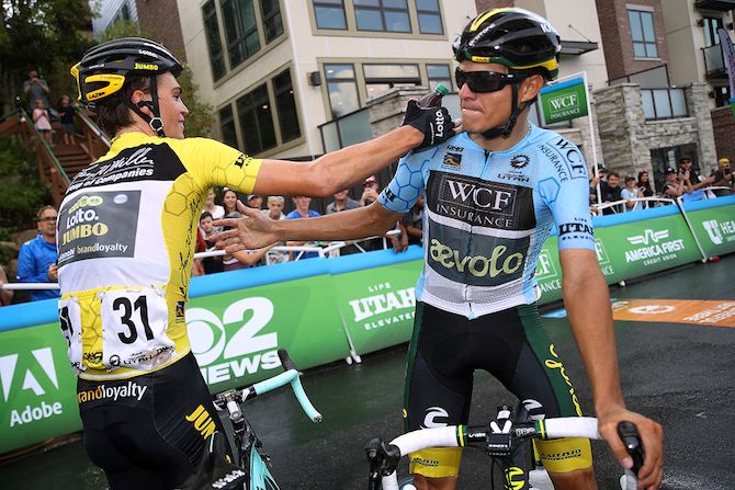 Overall winner Sepp Kuss (LottoNL-Jumbo) and Luis Villalobos (Aevolo Cycling Team) congratulate each other at the end of the 2018 Tour of Utah