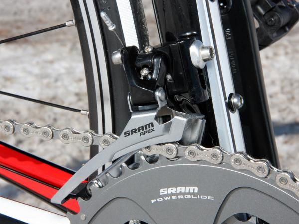 The SRAM Apex front derailleur is virtually identical to pricier Rival and Force models.