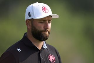 Jon Rahm looks despondent during the 2025 Hero Dubai Desert Classic