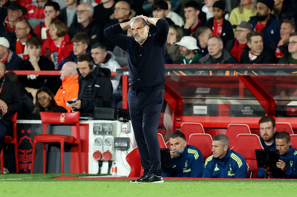 NOTTINGHAM, ENGLAND - OCTOBER 2: Ange Postecoglou Head Coach of Nottingham Forest looks dejected during the UEFA Europa League 2025/26 League Phase MD2 match between Nottingham Forest FC and FC Midtjylland at City Ground on October 2, 2025 in Nottingham, England. (Photo by Ed Sykes/Sportsphoto/Allstar Via Getty Images)