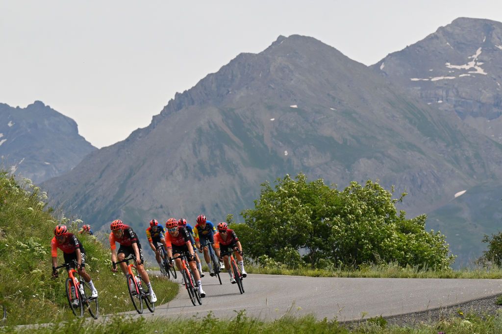 ISOLA 2000 FRANCE JULY 19 LR Egan Bernal of Colombia Laurens De Plus of Belgium Geraint Thomas of The United Kingdom and Nicolas Jonathan Castroviejo of Spain and Team INEOS Grenadiers compete during the 111th Tour de France 2024 Stage 19 a 1446km stage from Embrun to Isola 2000 2022m UCIWT on July 19 2024 in Isola 2000 France Photo by Tim de WaeleGetty Images