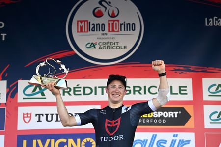 ORBASSANO ITALY MARCH 15 Arvid De Kleijn of The and Tudor Pro Cycling Team celebrates at podium as race winner during the 104th MilanoTorino 2023 a 192km one day race from Rho to Orbassano MilanoTorino on March 15 2023 in Orbassano Italy Photo by Tim de WaeleGetty Images