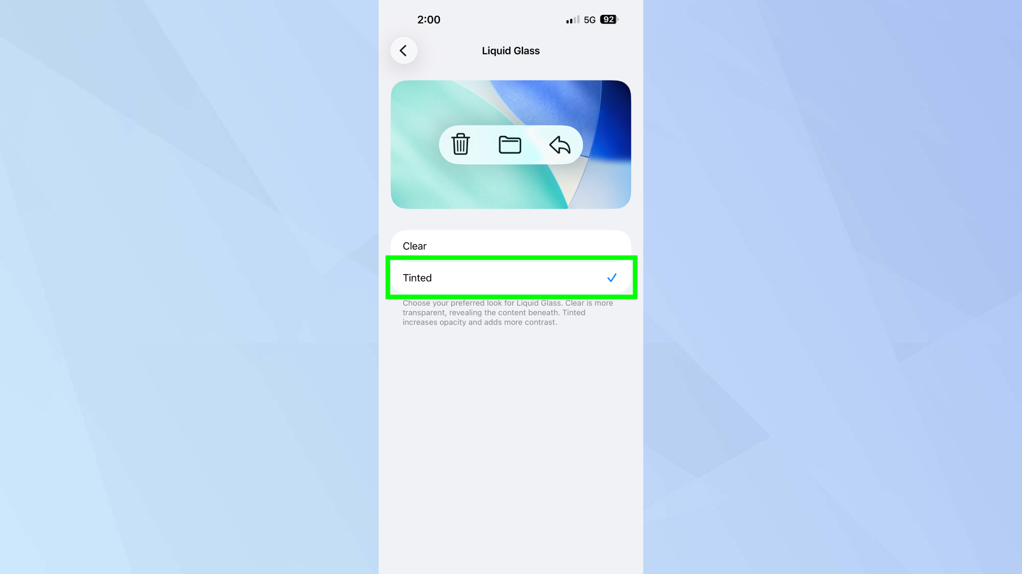 Liquid Glass tinted in settings on iPhone
