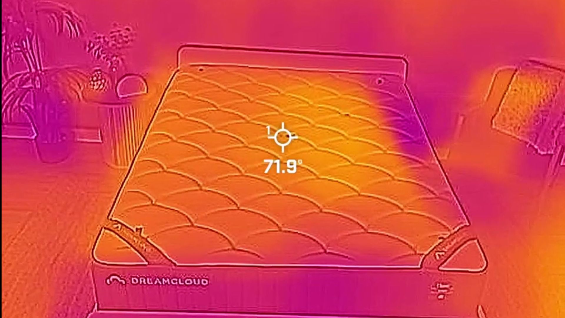 A thermal imagery camera image that shows the temperature of the DreamCloud Classic mattress 15 minutes after a Tom's Guide tester has left the mattress, which is 71.9 degrees Farenheit