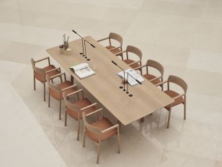 Wooden long table with light fittings and eight chairs