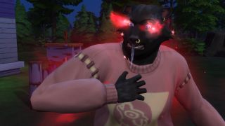 The Sims 4 Werewolves - A Werewolf Sim with black fur has angry glowing red eyes full of rage and drools while wearing a pink sweater.