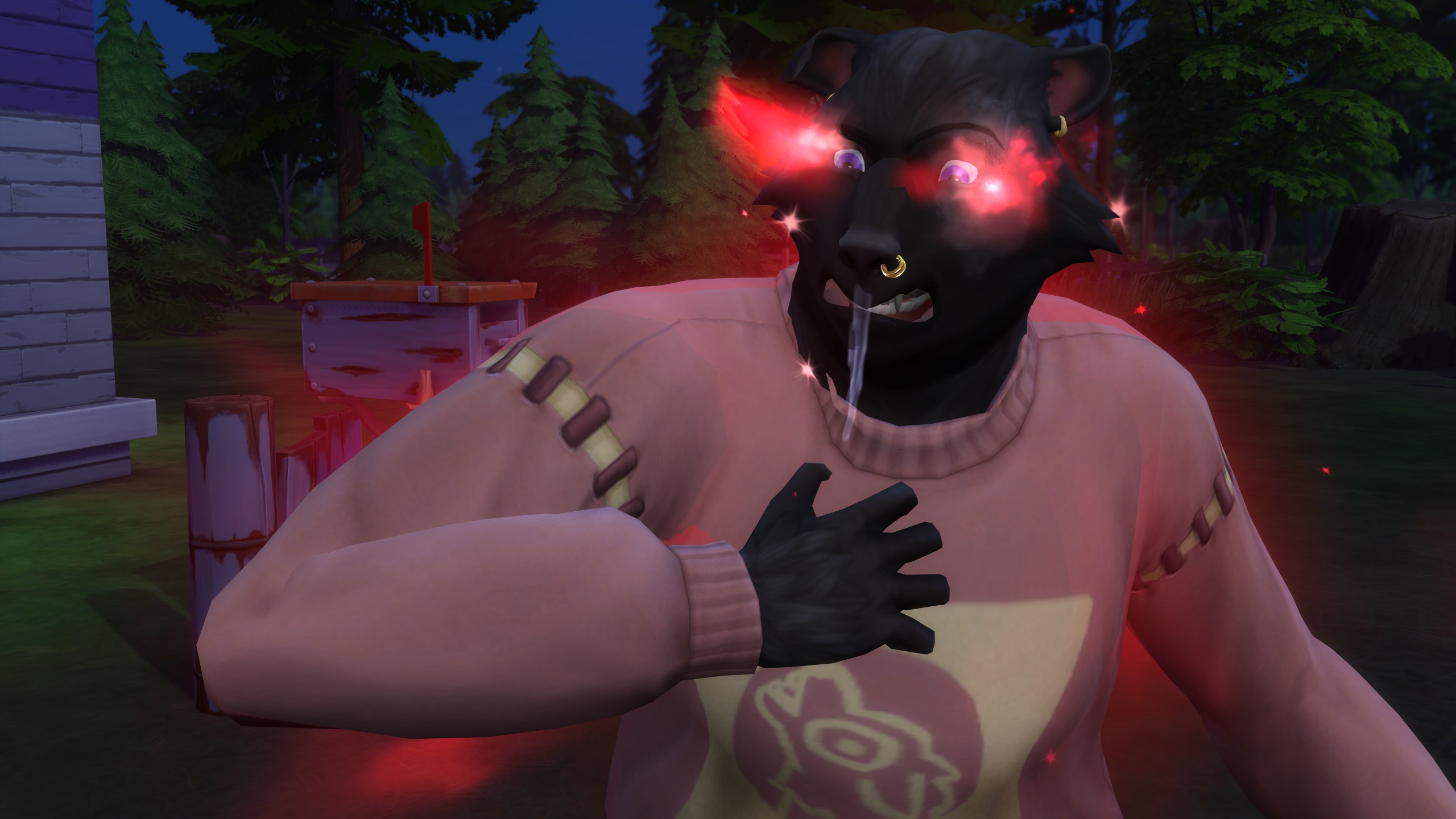 The Sims 4 Werewolves - A Werewolf Sim with black fur has angry glowing red eyes full of rage and drools while wearing a pink sweater.