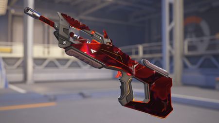 Overwatch Crimson Wolf: A side on view of the Crimson Wolf competitive weapon variant on Emre's gun.