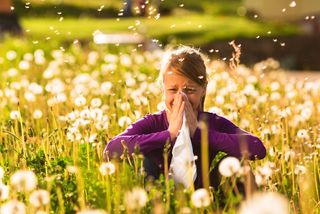 A woman sits in a field of flowers.