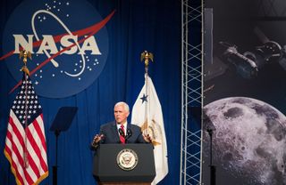 Vice President Mike Pence speaks about the future of U.S. human spaceflight at NASA's Johnson Space Center in Houston on Aug. 22, 2018. Pence is the chair of the National Space Council and toured the space center to see how NASA is working to return astro